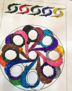 I love that the circles are all flowing back into one.  Again the dark and bright and bold use of color and uncolored spaces combine to make a powerful work of art.  Love this one too.  