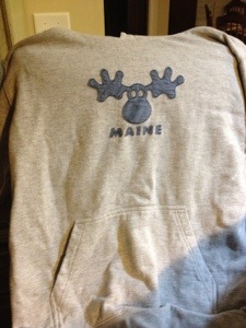 Tomorrow's hoodie.  This one The Fella brought me when he came back from his last deployment.  They had a layover in Maine, so he picked this up, because he knows I love Mooses and hoodies.  