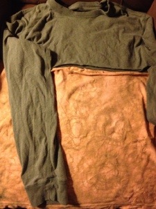 The bottom part used to be the same color as the top part of the shirt.  Who would have thought that bleach would turn it such a beautiful red clay color? 