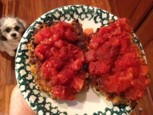 My "Make Do" burgers.  Delicious.  And look at Miss Sophie photobombing, hoping for a bite.  Sweet girl.  