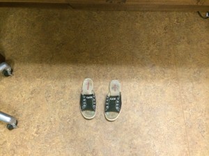 Poor girl.  I hurried her out the door so quickly, she grabbed my shoes to wear to the Med Stop.  