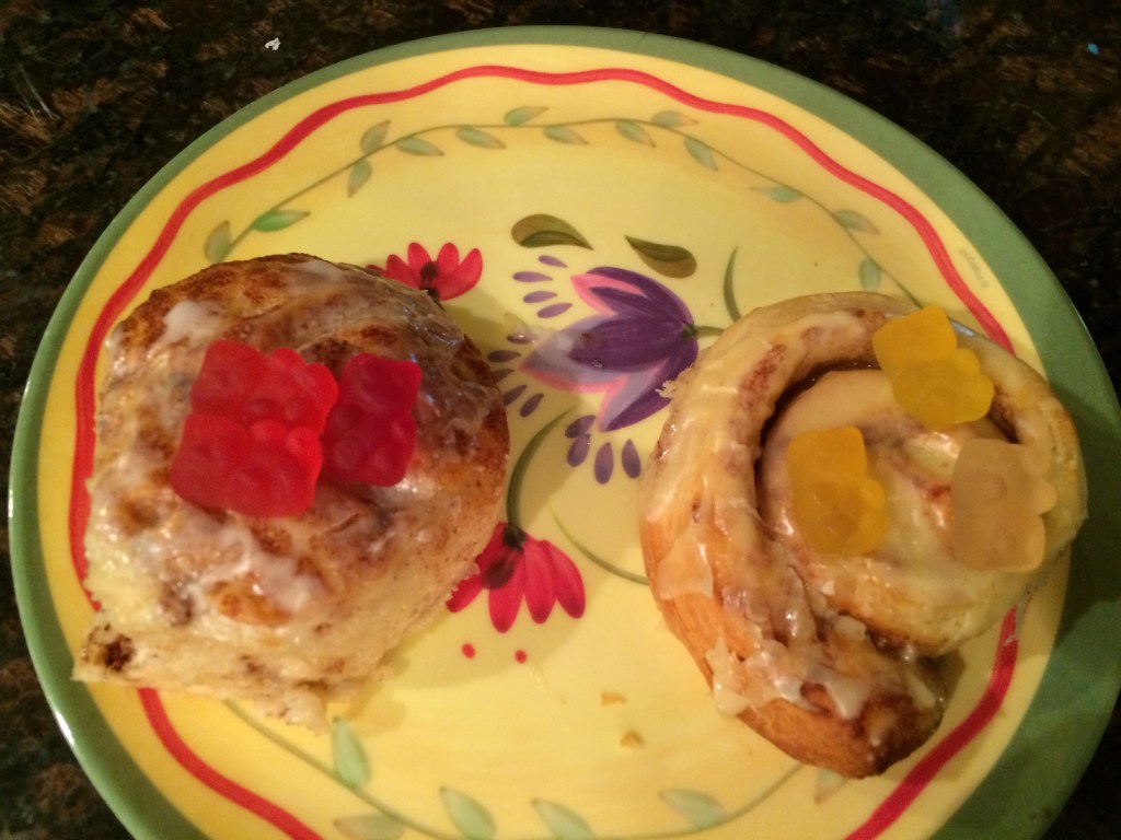 And for the sweet. Cinnamon rolls thrown in the oven when we got back home, and our Princess decided to top hers with her all-natural gummy bears. It's Easter, why not?
