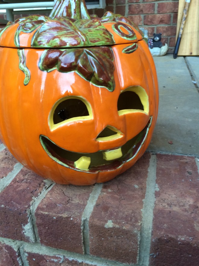 This one has plugs in and has a bulb inside and actually works!  I might have to move it inside, as I'm having outlet issues.  But isn't he precious?  